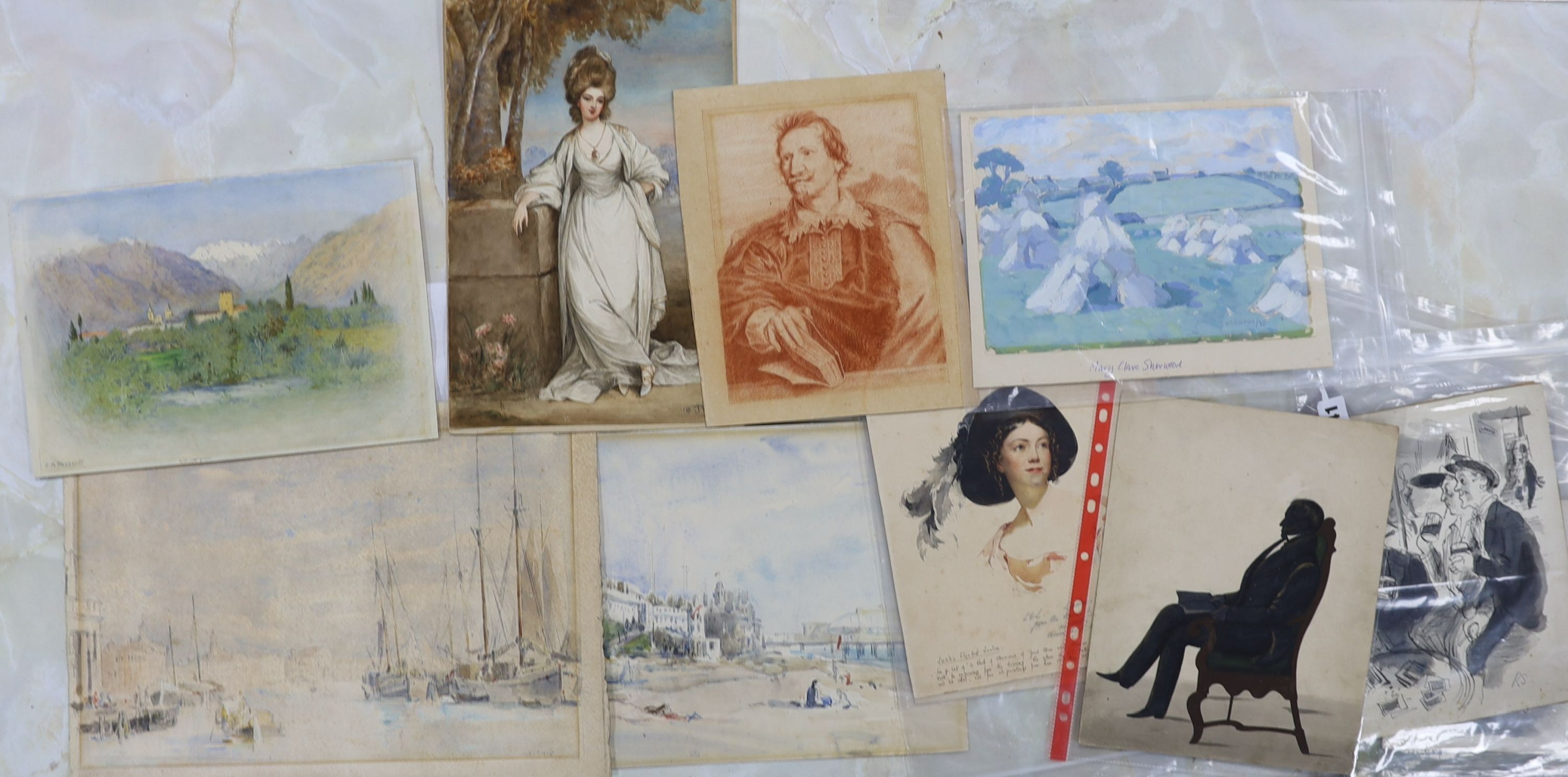 A group of assorted unframed watercolours and drawings including works by Arthur Hayward and Mary Claire Sherwood, together with a full length silhouette of a seated gentleman, largest 25 x 37cm